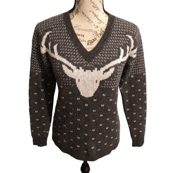 J Crew Merino wool Reindeer sweater Gray Sm Classic Cozy - Picture 1 of 7